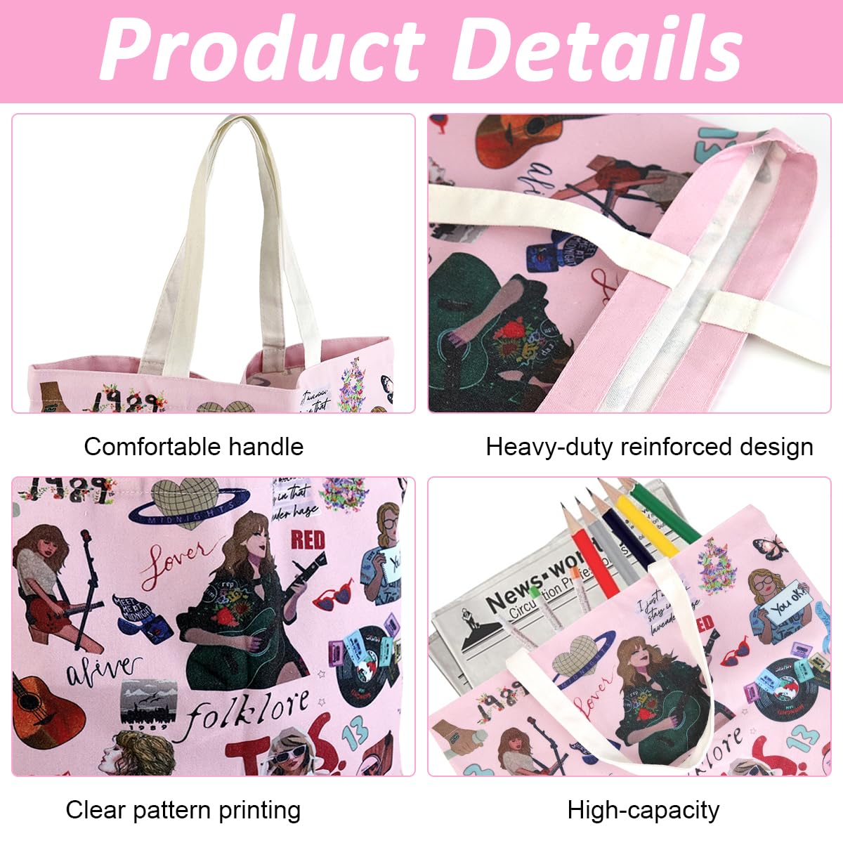 Zibuyu Girls Canvas Tote Bag for College Use with Secure Zipper Pocket 45x35x10 cm | Pink Cartoon Print