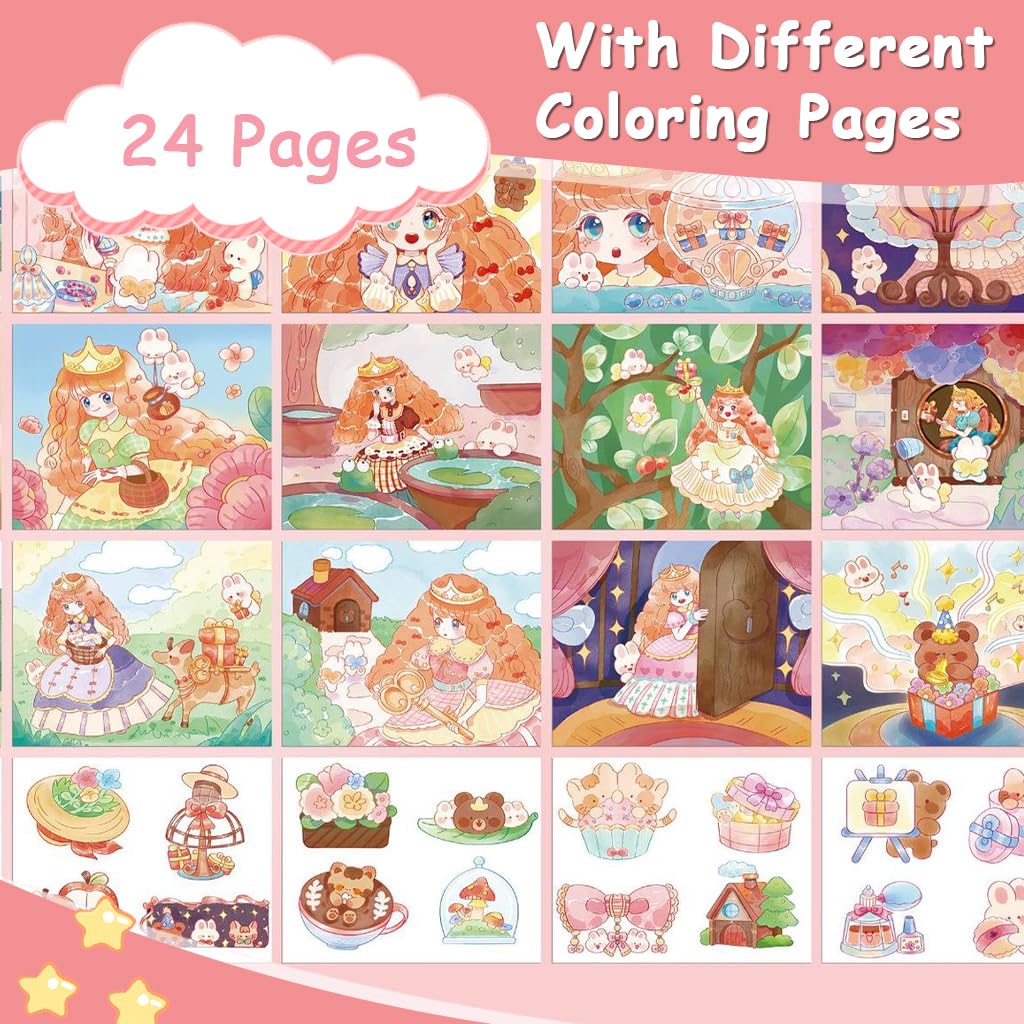 PATPAT Princess Magic Water Book for Kids with 18 Scenes & 24 Bookmarks | Reusable Watercolor Coloring Set