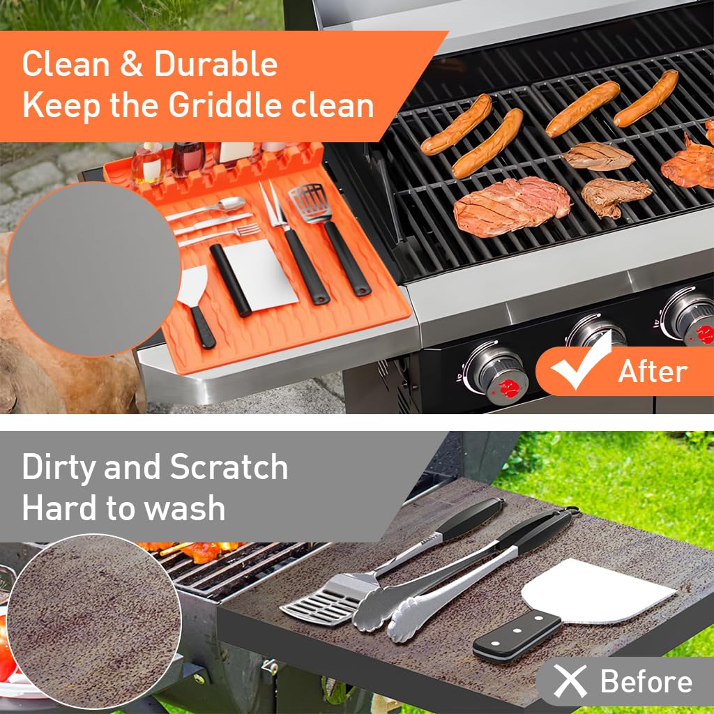 Supvox Silicone Grill Tools Mat for Barbecue and Kitchen Use with 28x40 cm Size featuring Anti Slip Grooves and Drip Pad | Orange Silicone Counter Protection