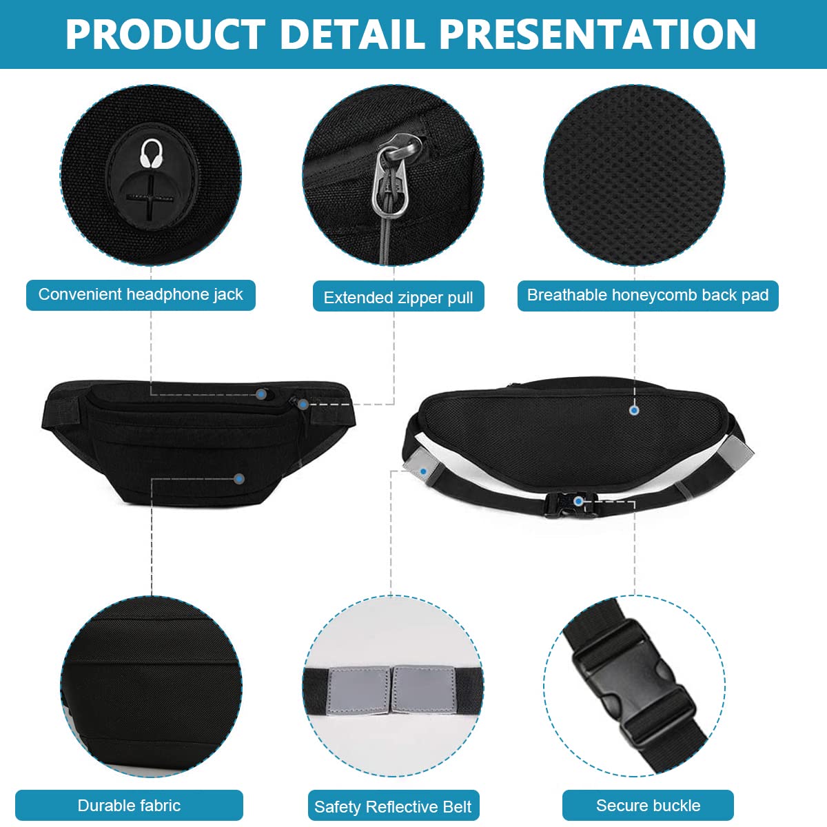 GUSTAVE Waist Bag for Travel and Running featuring 17.5x5x4 in Capacity with Headphone Port | Waterproof Nylon Adjustable Reflective Strap