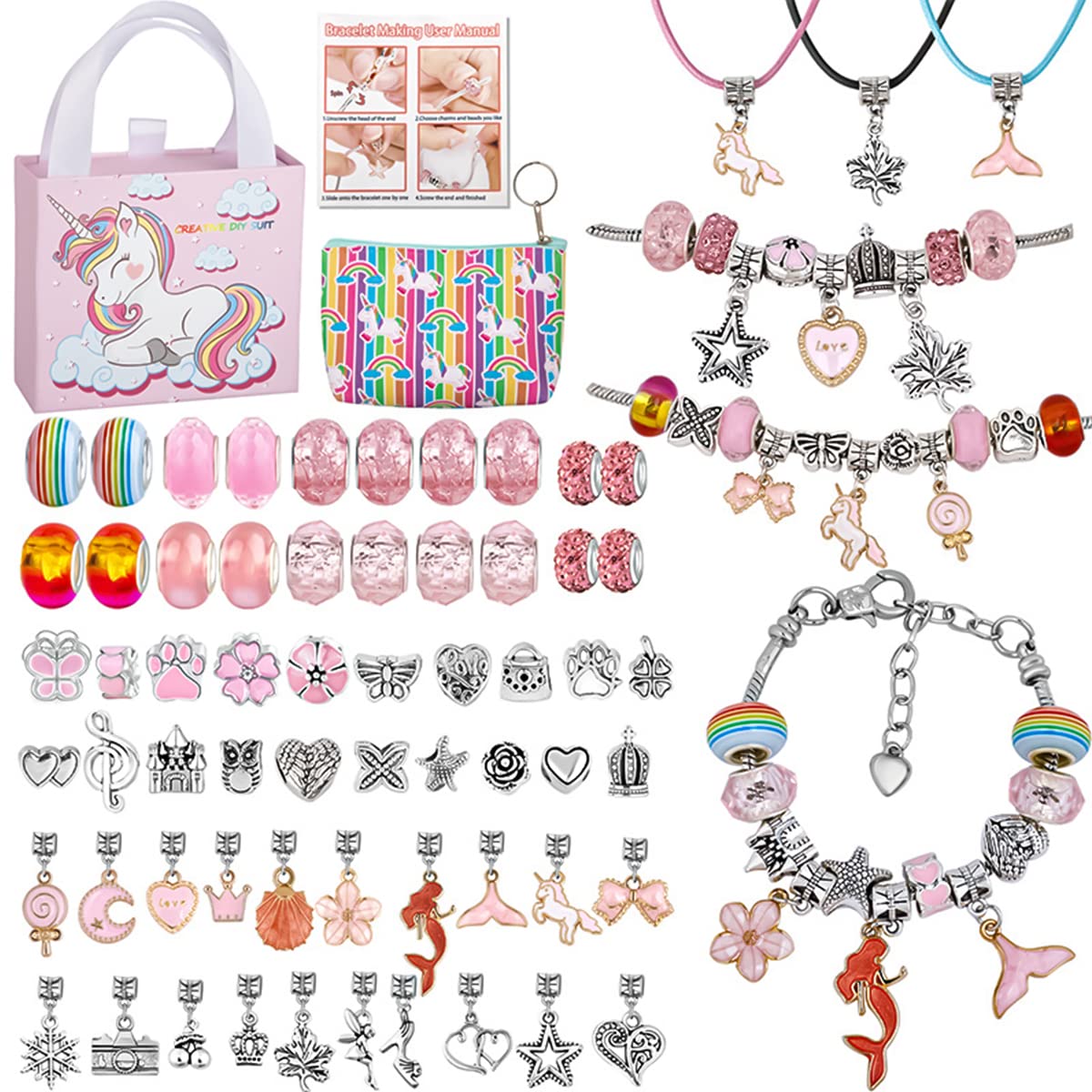 SANNIDHI Charm Bracelet Making Kit for Girls with 61 Beads and Pendants | Unicorn & Mermaid DIY Jewelry Set