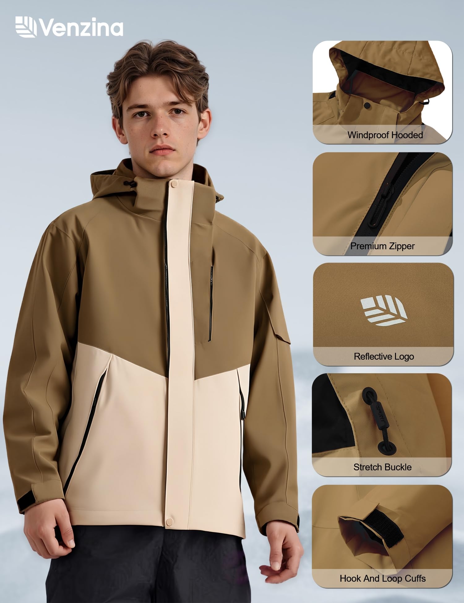 Venzina Men's Lightweight Jacket for Hiking and Cycling with Reflective Sleeves | Breathable Water‑Repellent Brown Windbreaker