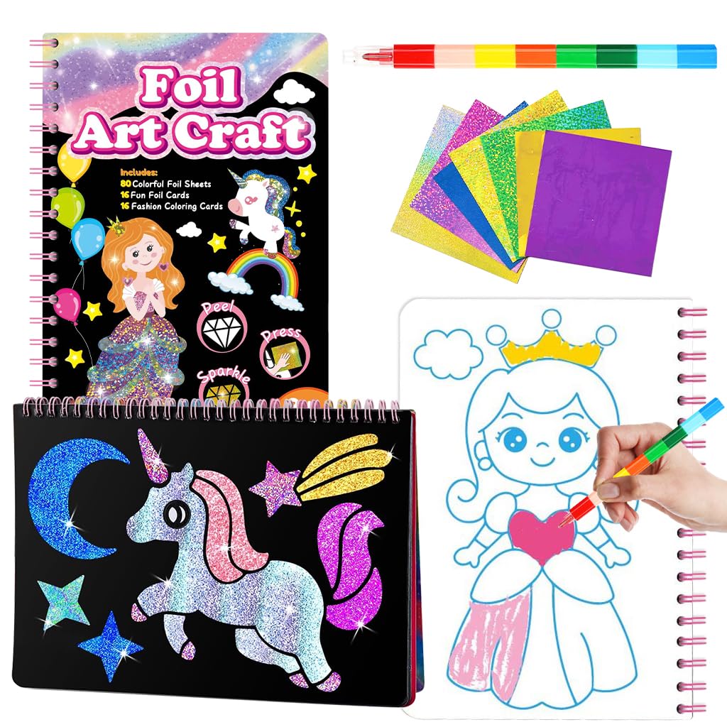 PATPAT DIY Foil Art Coloring Book for Kids with 16 Cartoon Patterns and 80 Glitter Foil Papers | Includes Scratching Stick and 8 Color Pen