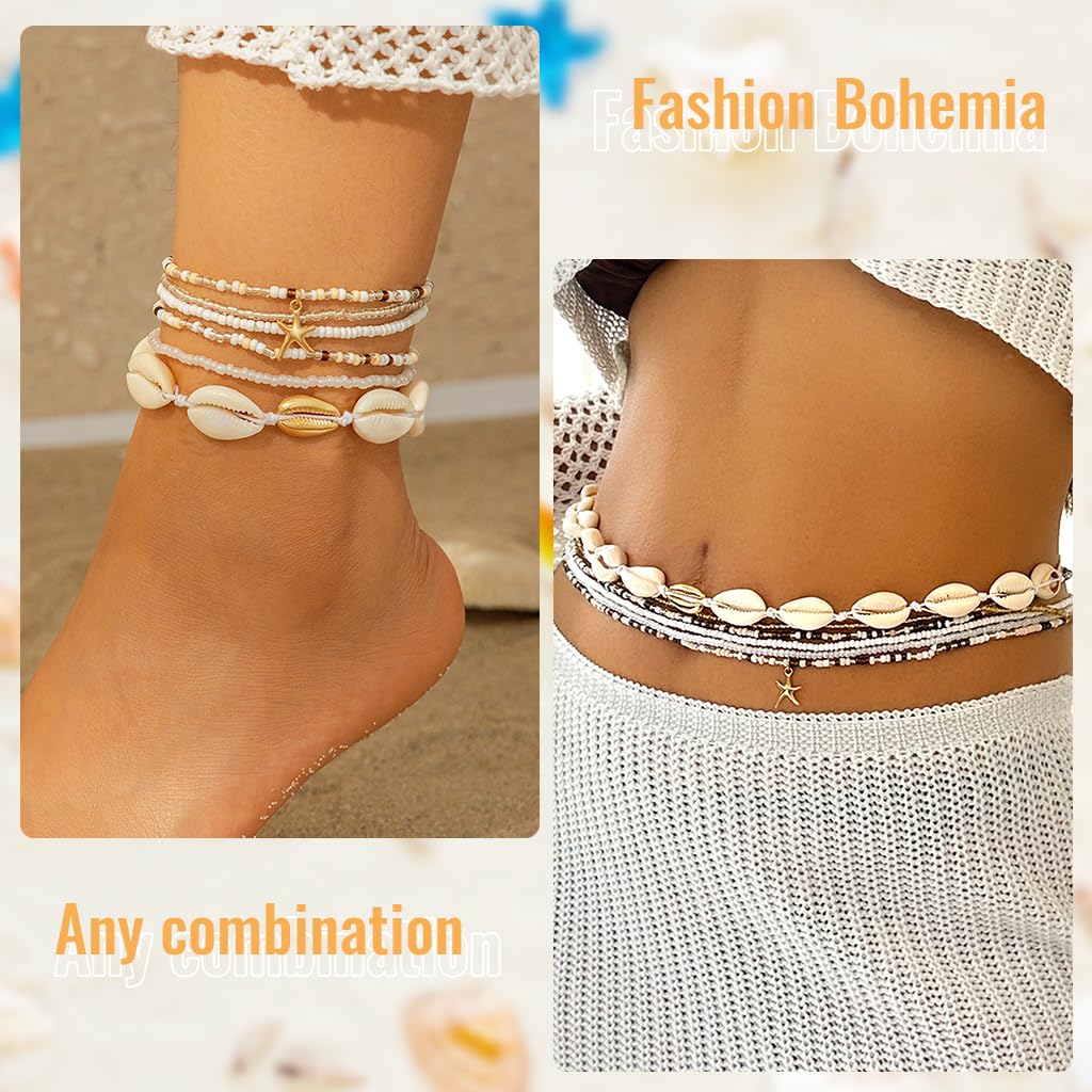 SANNIDHI Boho Waist Chains for Beach and Dance Wear featuring Beaded Seashell Charms | 18PCS Set