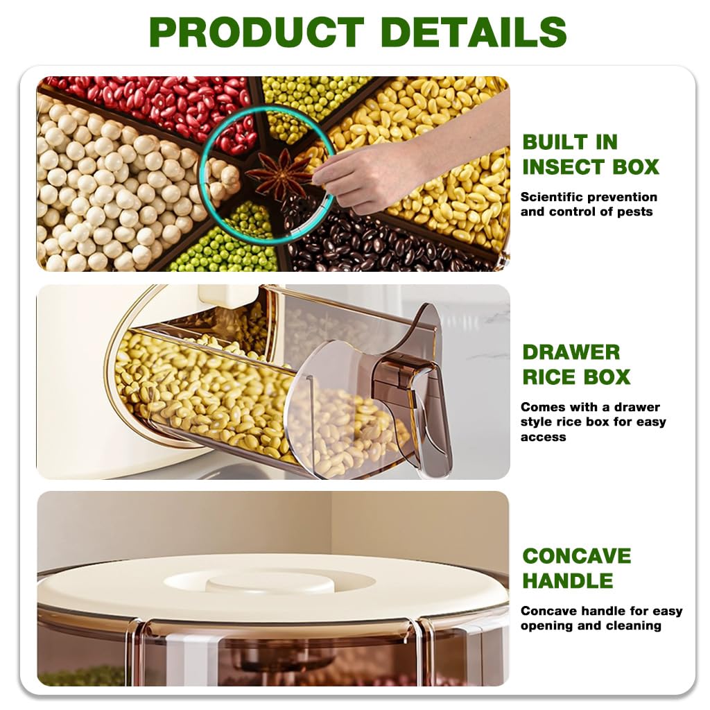 Supvox Cereal Dispenser for Kitchen with 6-in-1 Compartments and 24lbs Rice Storage | Moisture-Proof Rotatable Design