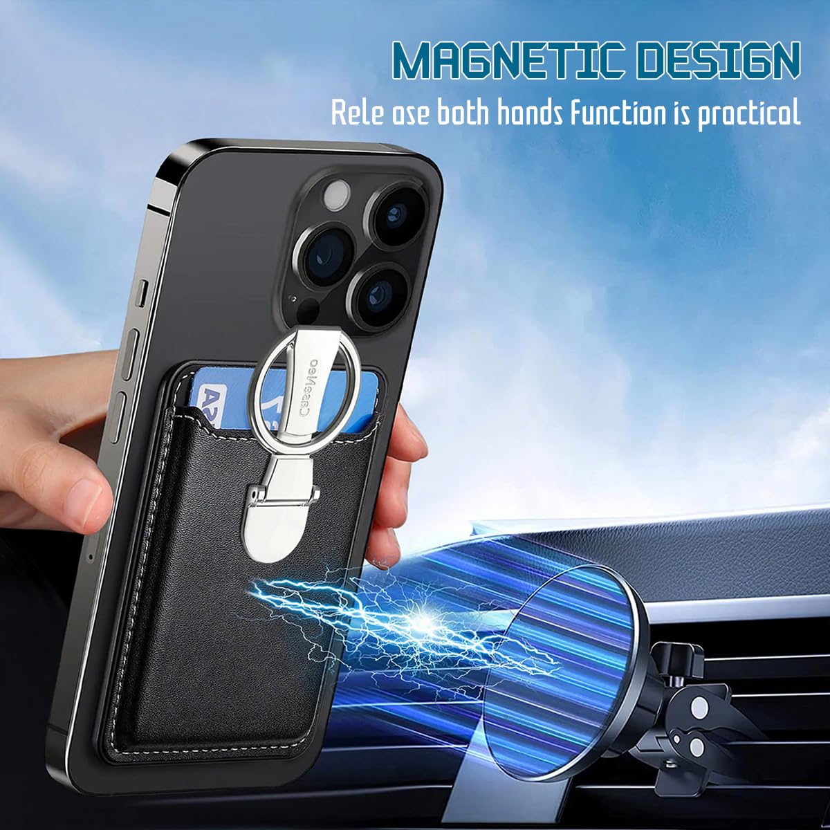 ZORBES Magnetic Wallet Phone Card Ring Holder with 360° Rotatable Metal Ring and PU Leather Design for iPhone 15 14 13 12 Series