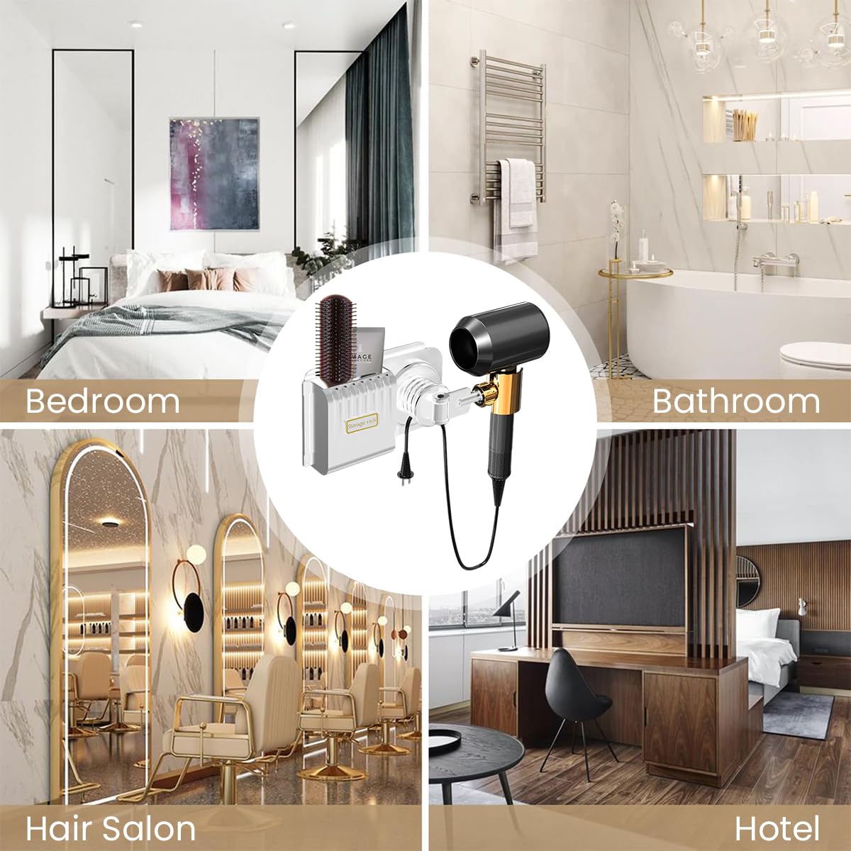 HASTHIP Hair Dryer Holder for Bathroom with 360° Rotatable Grip and Self Adhesive Storage Box