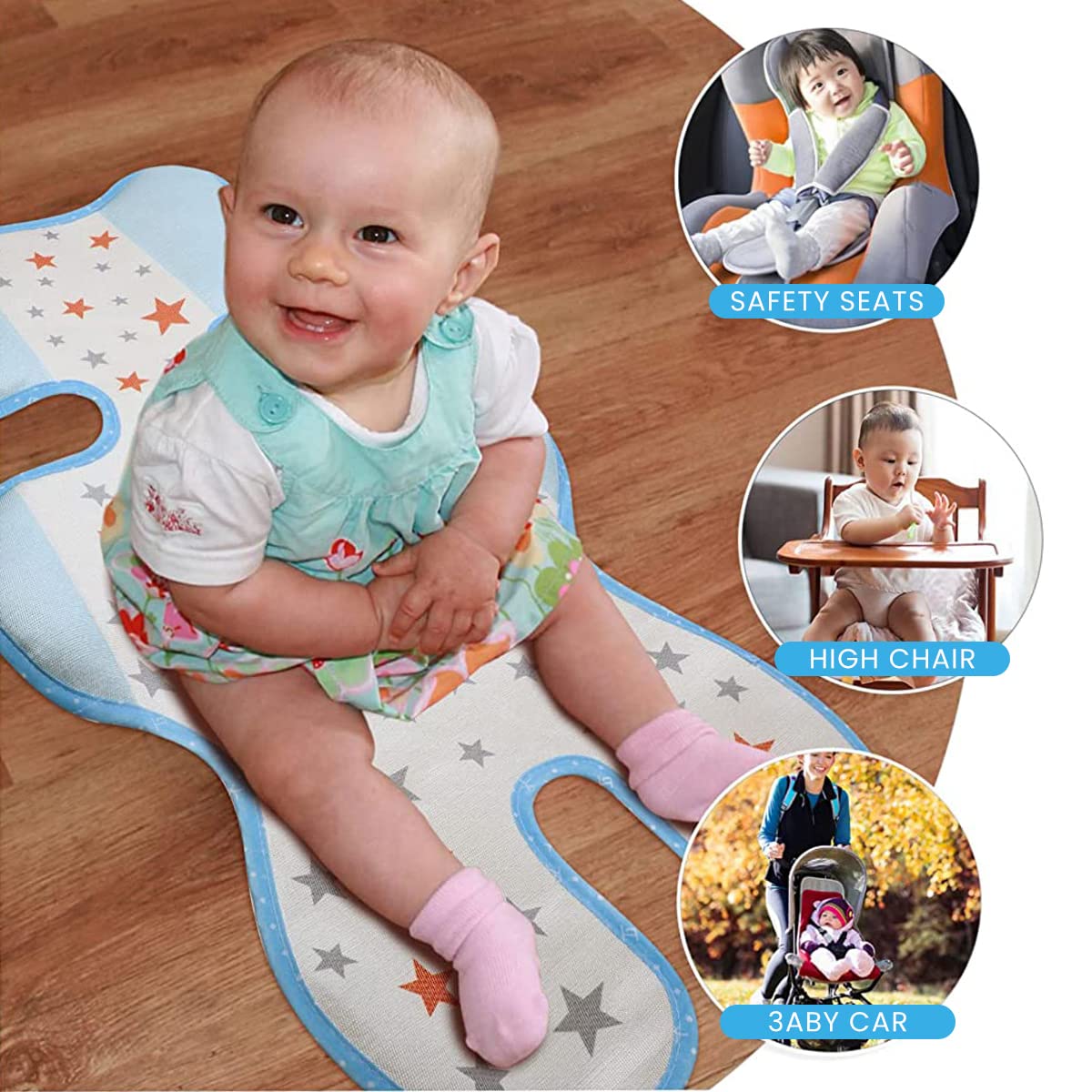 SNOWIE SOFT Baby Cool Cushion for Stroller and Car Seat featuring Dual Hook Design | Breathable Ice Silk Pad for 0–3 Year Olds