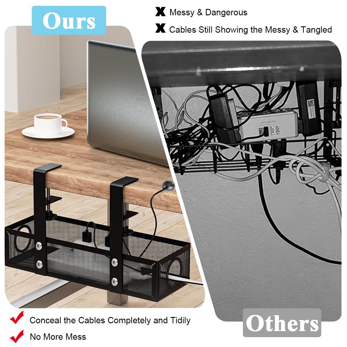 Climberty Adjustable Under Desk Cable Organizer for Home Office with Screw-Fixed Metal Rack | Black