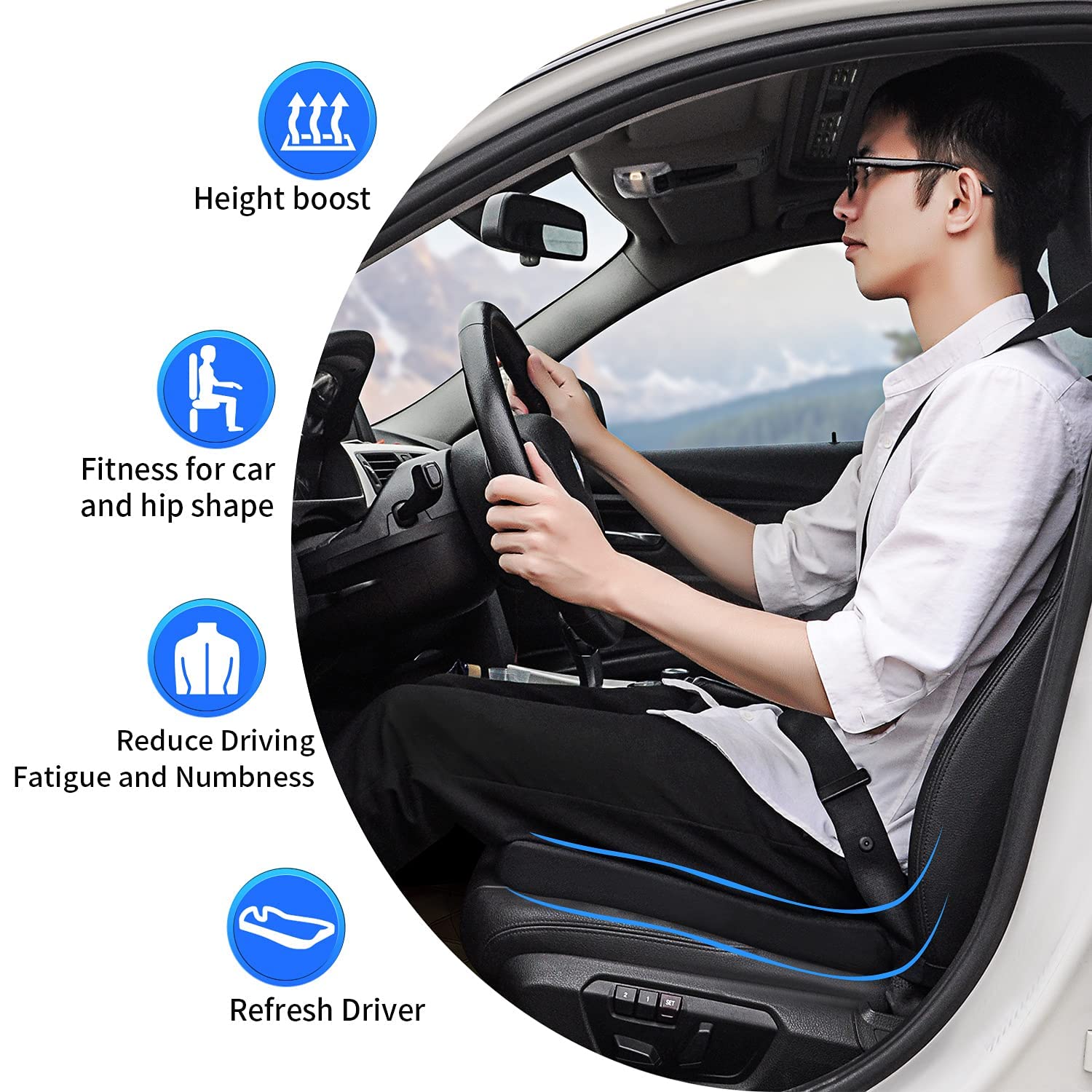 Memory Foam Car Seat Cushion for Lower Back Pain Relief with Anti Slip Bottom and Adjustable Belt | 43×47×15cm Breathable Pad for Office Chair and Wheelchair