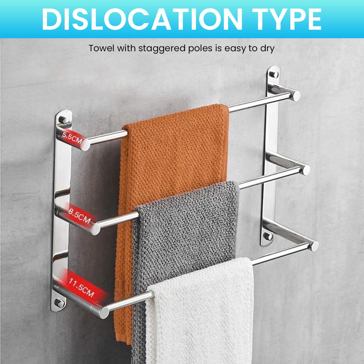 HASTHIP Stainless Steel Towel Rack for Bathroom with 3 Tier Ladder Design and 23.6 in Rod | Wall Mounted Organizer for Quick Dry Towels