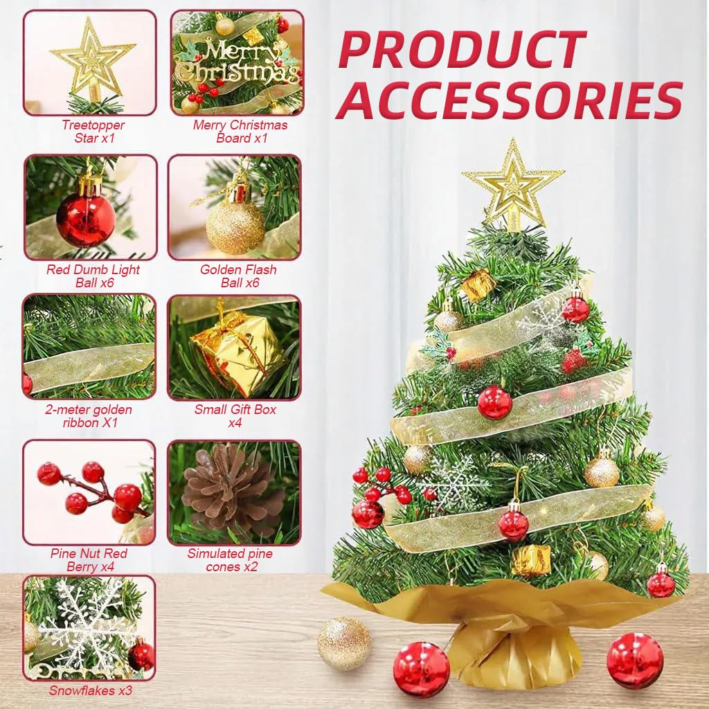 PATPAT Christmas Tree for Home Decor with 60 cm Height and Gold Fabric Wrapped Base | Includes Red and Gold Ornaments