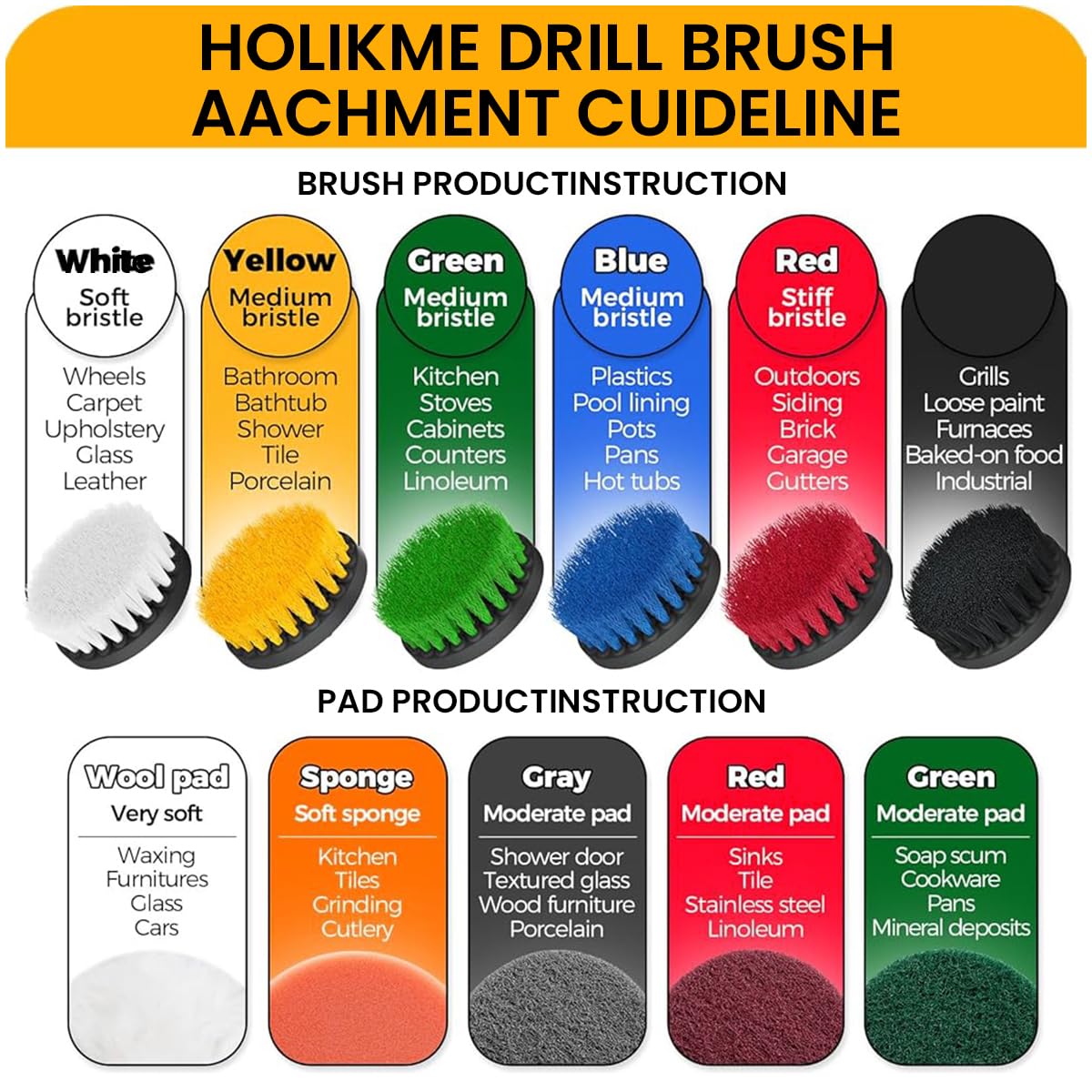 STHIRA Drill Brush Attachments Set with 11 Pcs for Power Drill Cleaning | Flat Hard Bristle Brushes and Scrub Pads