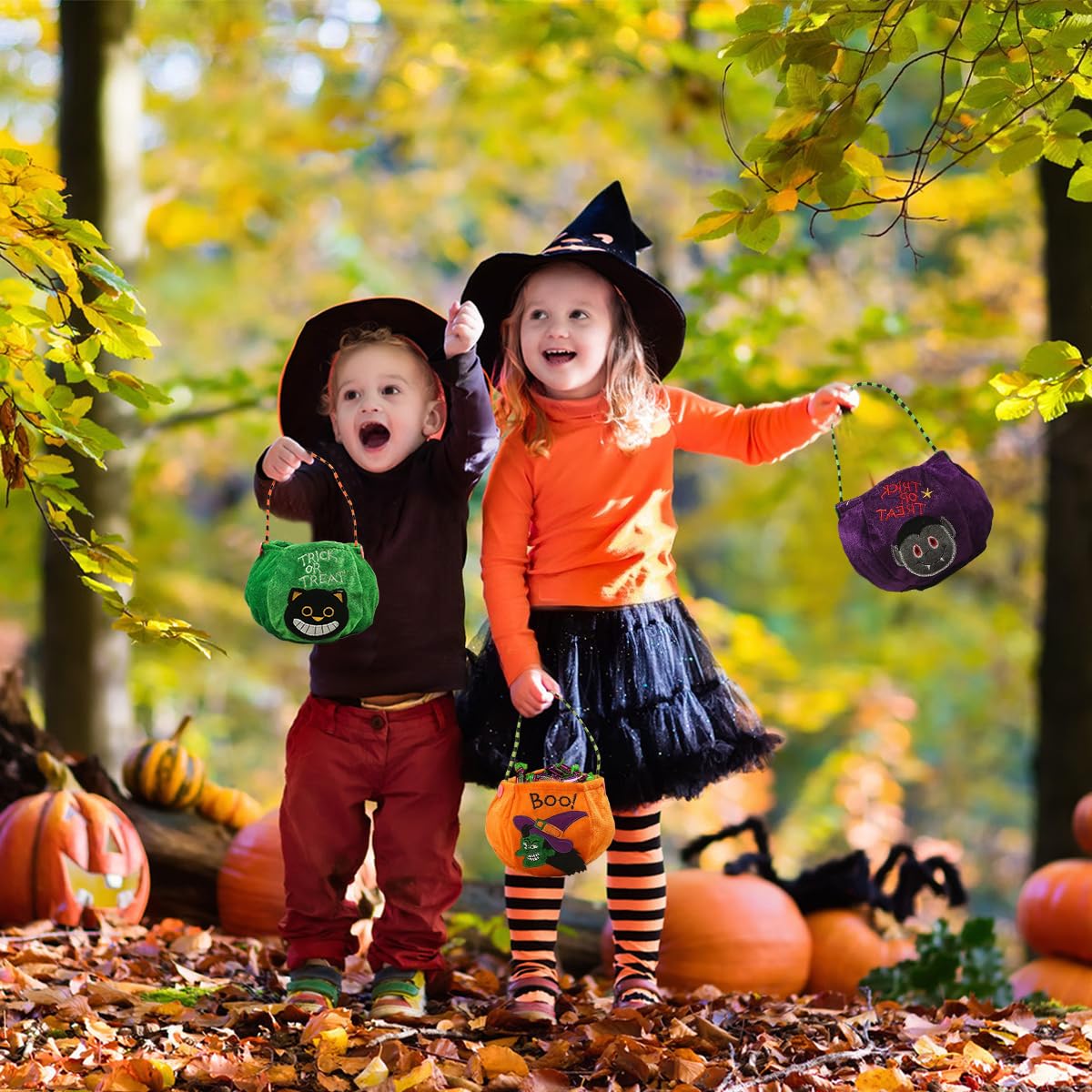 HASTHIP Halloween Candy Baskets for Kids with 20x13 cm Size and Velvet Fabric | Witch Cat Pumpkin Vampire Designs