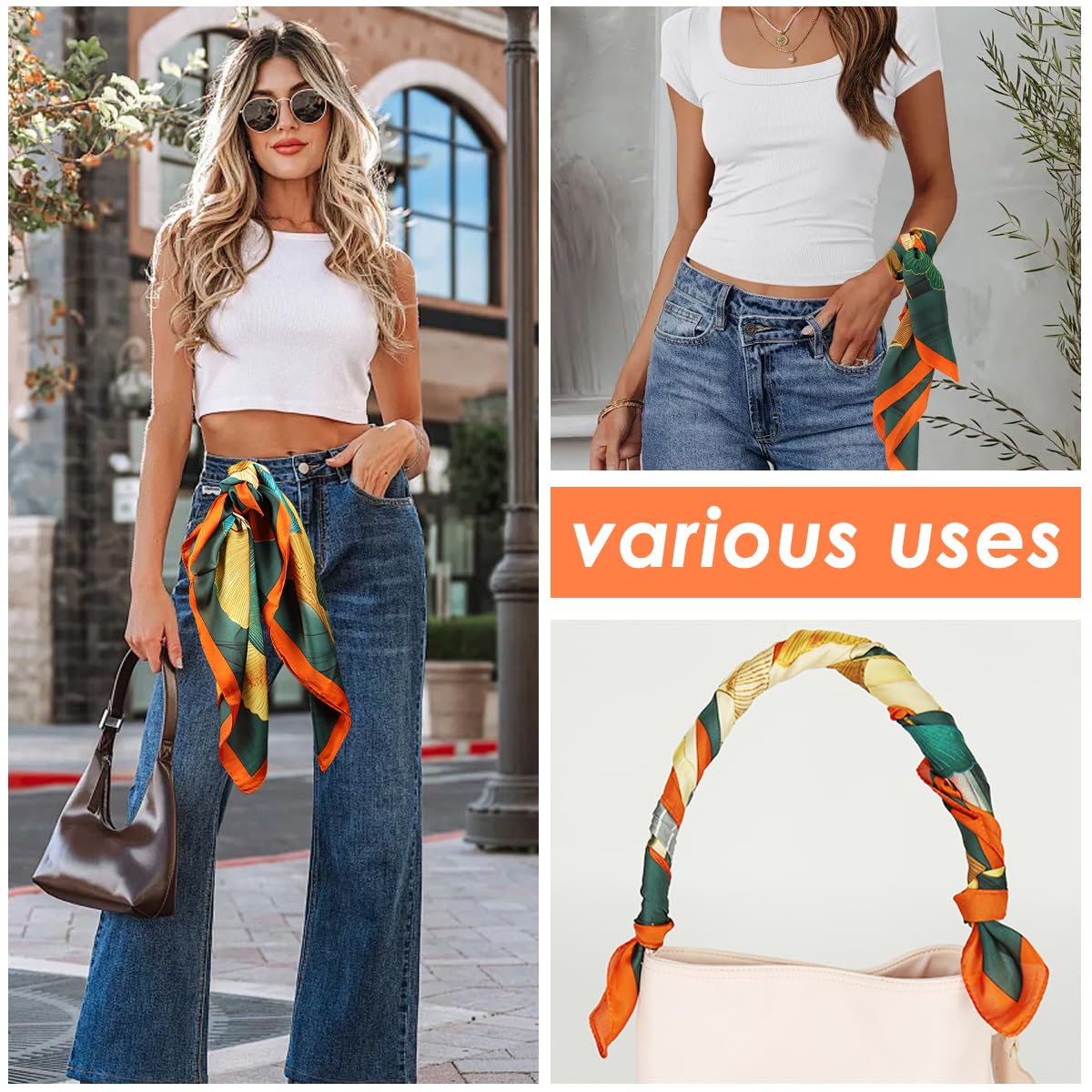 SANNIDHI Silk Hair Scarf for Women featuring Ginkgo Print 27x27 in Square Satin Wrap | Elegant Neck and Handbag Accessory