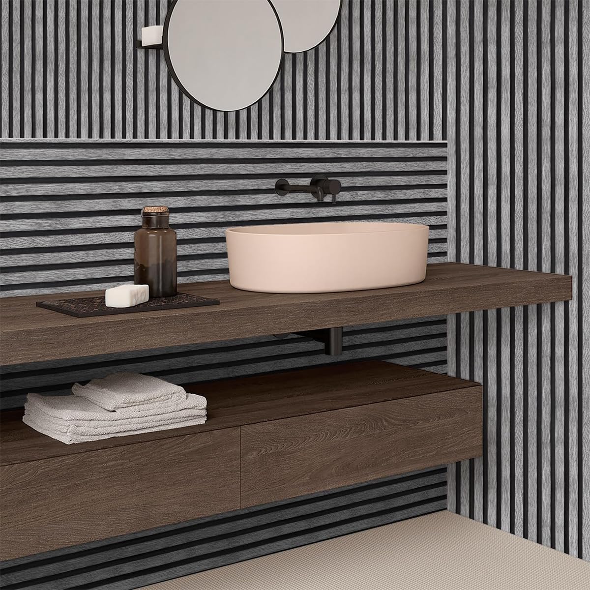 HASTHIP Wallpaper for Living Room and Bathroom with Self Adhesive 3D Slat Pattern 16x118 in Black and Grey PVC