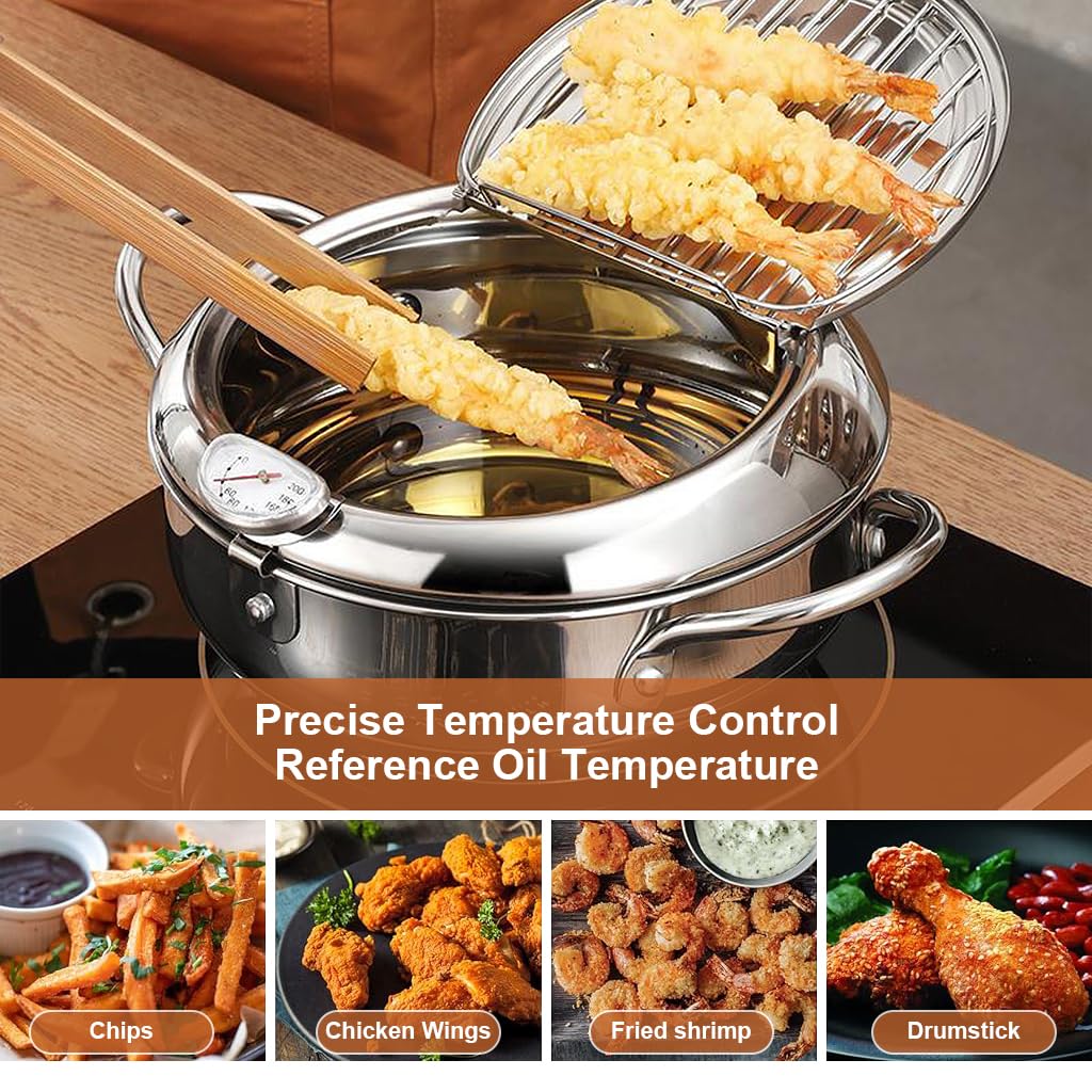 Supvox Stainless Steel Fryer Pot for Stovetop and Induction Use with Lid and Thermometer 9.4 in 3.4 L