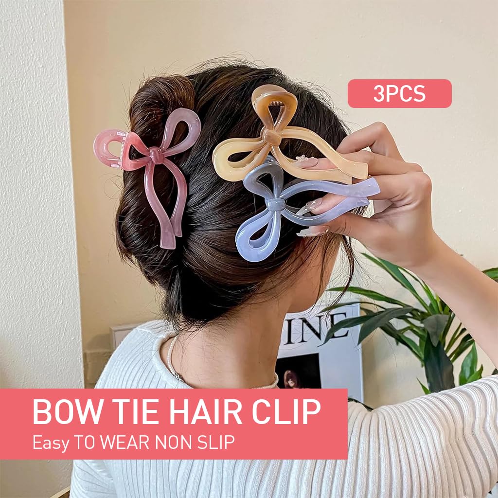 Venzina Bow Hair Claw Clips for Women with Strong Spring Hold | 3 Pcs Multicolor Set