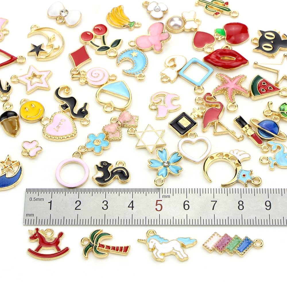 PALAY 60PCS Assorted Gold Plated Enamel Animal Moon Star Fruit Charm Pendant DIY for Necklace Bracelet Jewelry Making and Crafting (multi1)