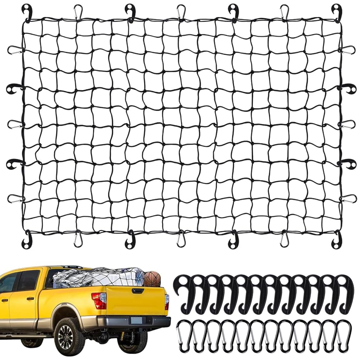 STHIRA Elastic Cargo Net for Vehicles 47.2x35.4 in with 12 Hooks and Carabiners | Weather‑Resistant Mesh for Trucks and SUVs