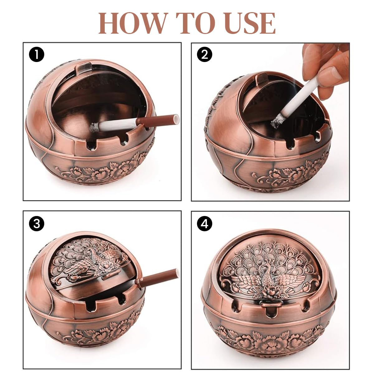 HASTHIP Peacock Ashtray for Home and Car with Closing Lid and 3 Grooves | Zinc Alloy 10x10x9cm