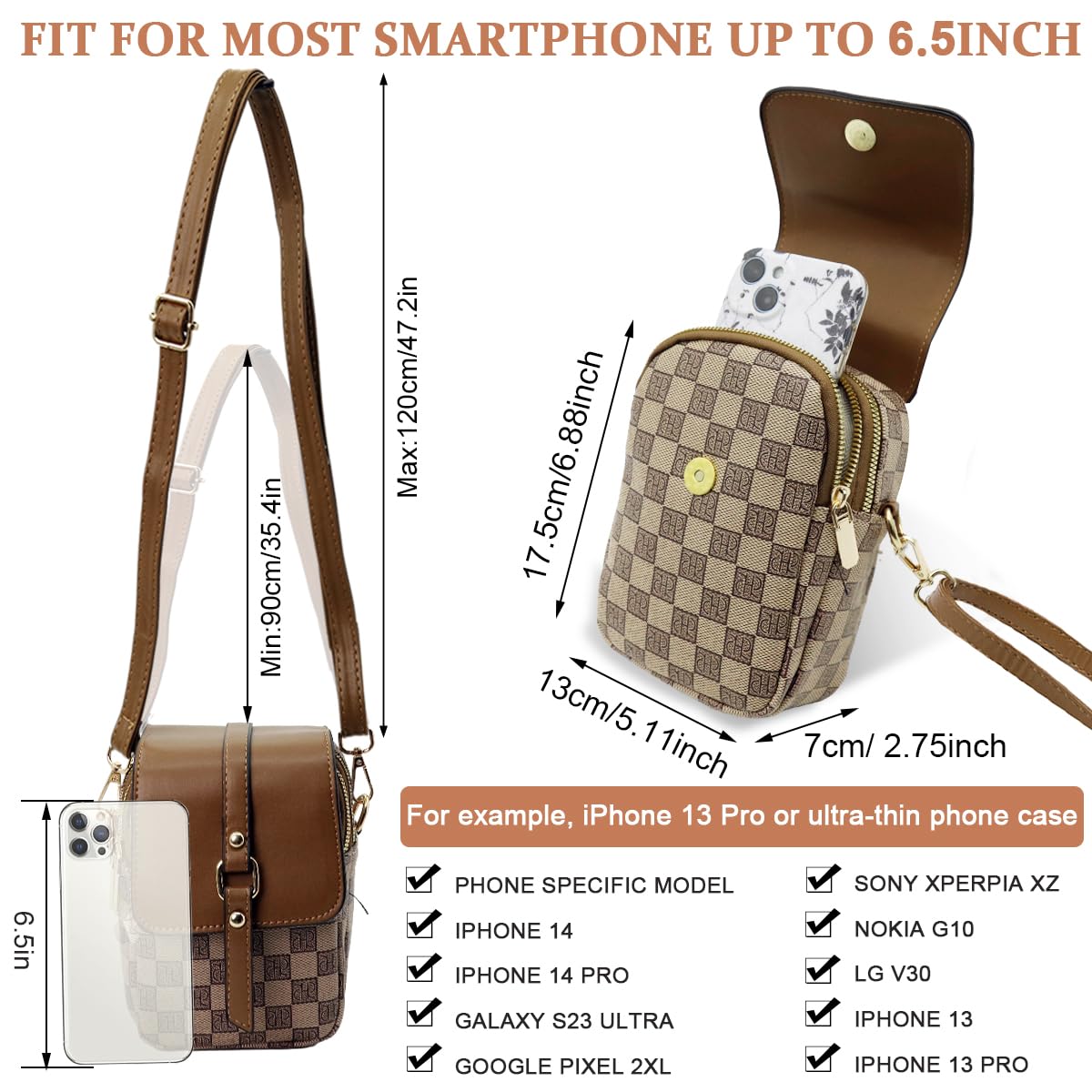 PALAY® Sling Bag for Women Crossbody Bag for Women Phone Bag Stylish PU Leather Mobile Cell Phone Holder Pocket Purse Wallet Sling Bag Mini Shoulder Bags (Brown)