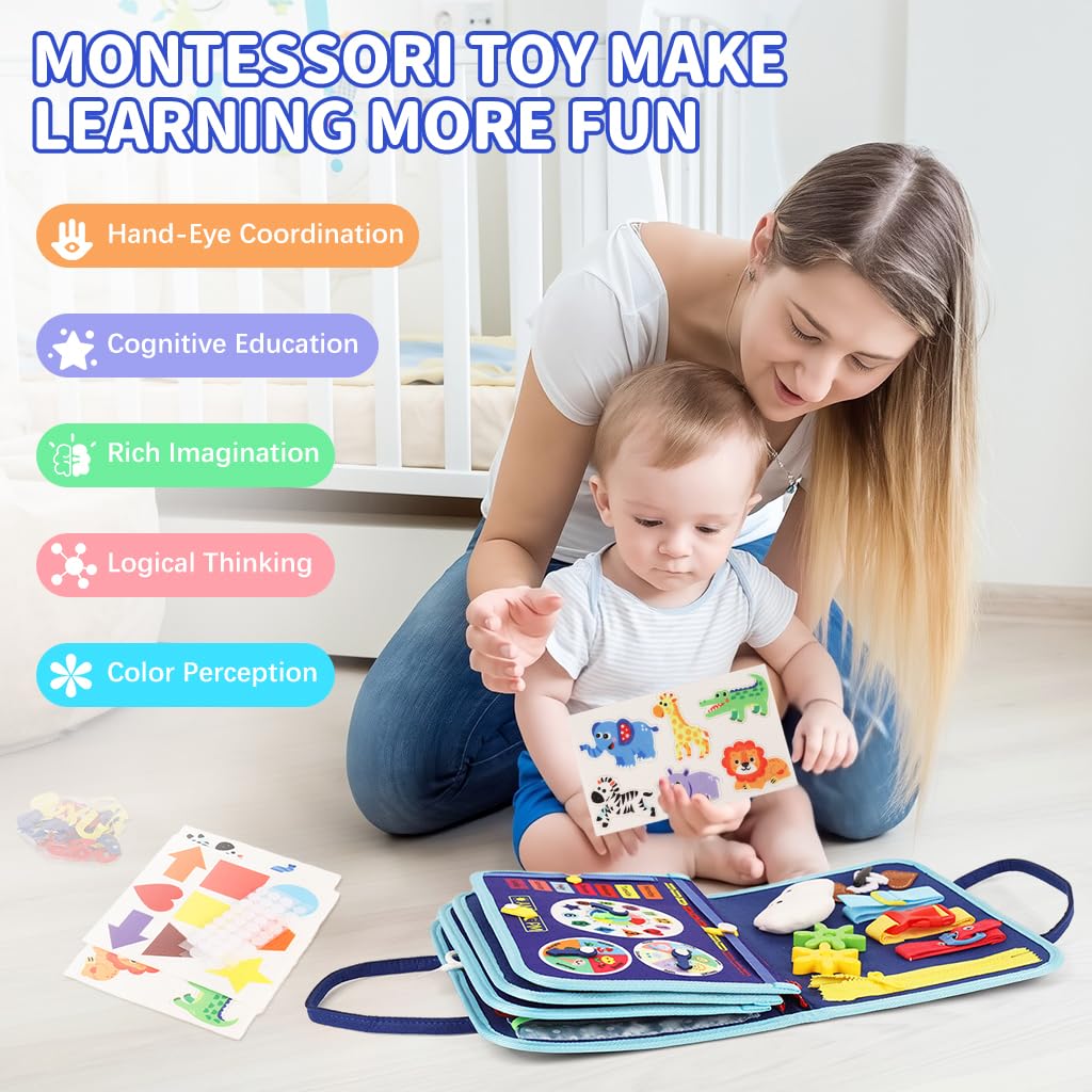 SNOWIE SOFT Busy Board for Toddlers with 10 Pages and Felt Dinosaur Theme | Montessori Travel Toy