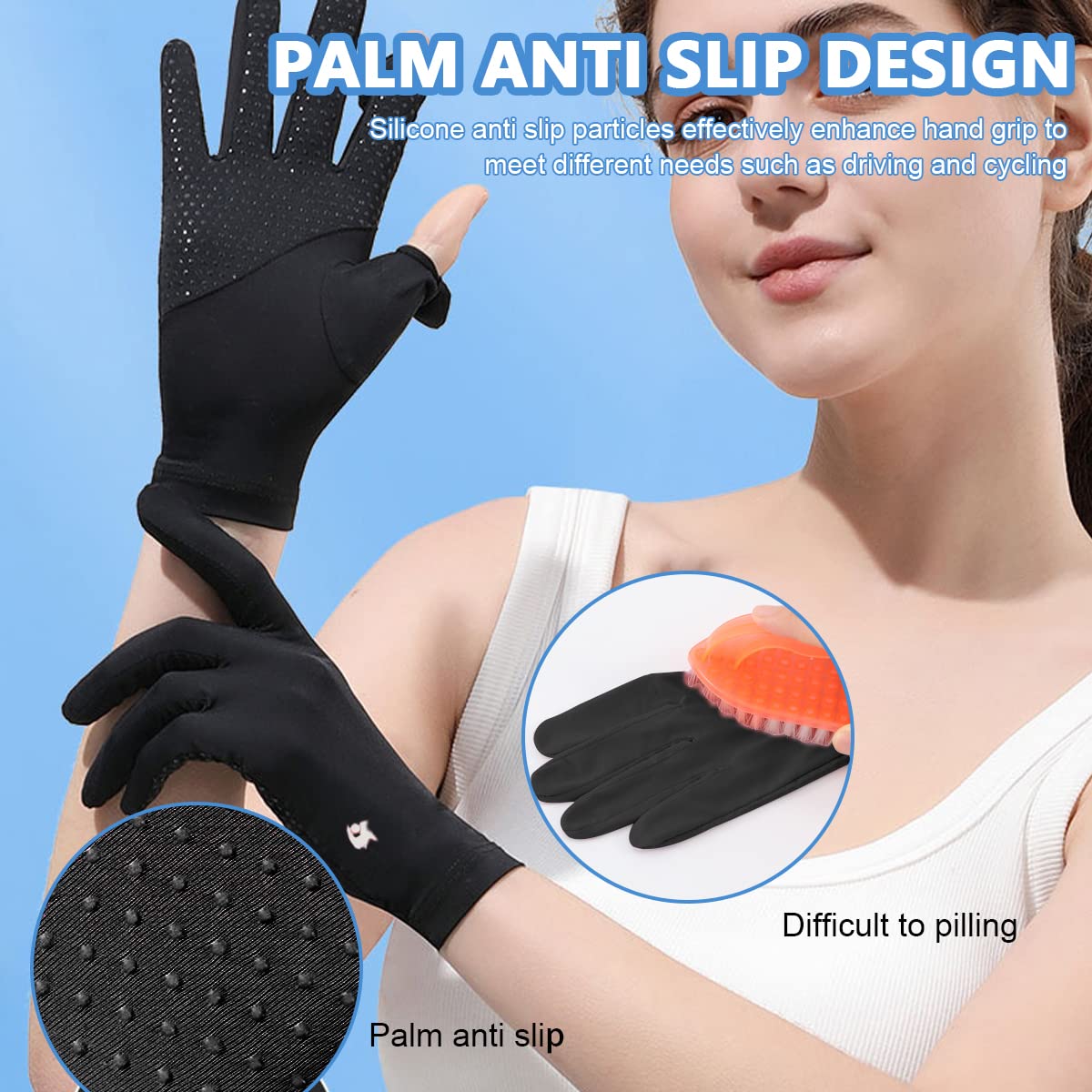 PALAY® Spandex Sun Protection Gloves Women Non-Slip Touch Screen Sun Gloves, Summer Ice Silk Cooling Gloves, Outdoor Breathable Gloves For Cycling Driving Fishing - Black