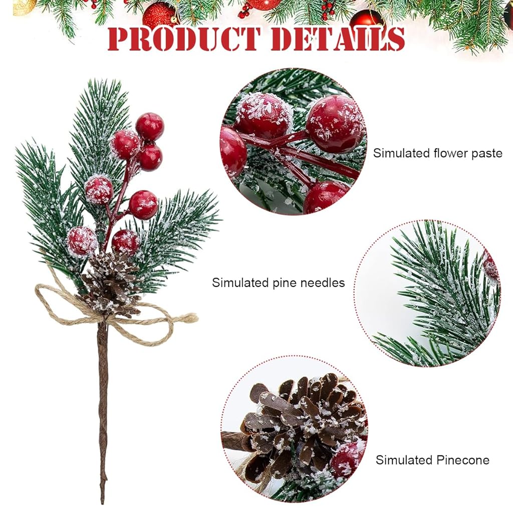 HASTHIP 5Pcs Christmas Red Berries Branches with Pinecones for Christmas Decorations 7.87 Inches Artificial Large Red Berry Pine Branches for Xmas Tree, Christmas Garland Wreath, DIY Craft Home Decor