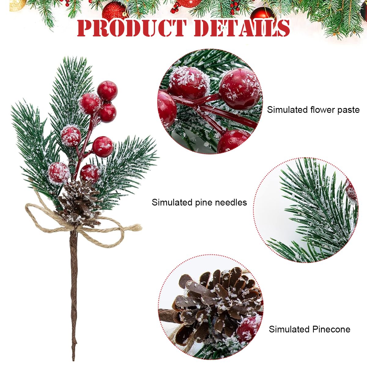 HASTHIP Christmas Decorations Combo for Tree and Wreath with 30 Snow Dusted Pine Branches | Red Berry Pinecones for DIY Crafts