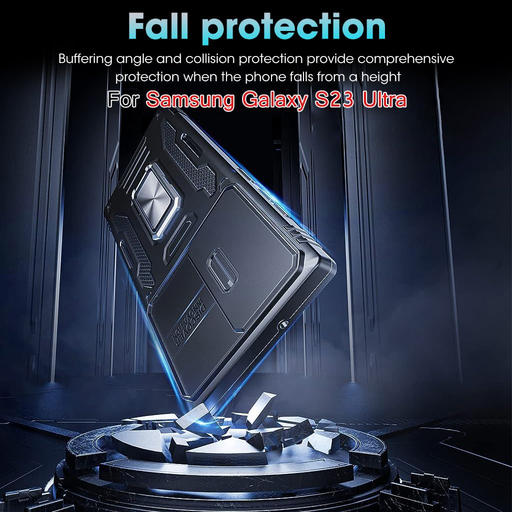 Zeitel Galaxy S23 Ultra Case with 360° Rotatable Ring Kickstand and Sliding Lens Cover | Black PC TPU Metal Protection