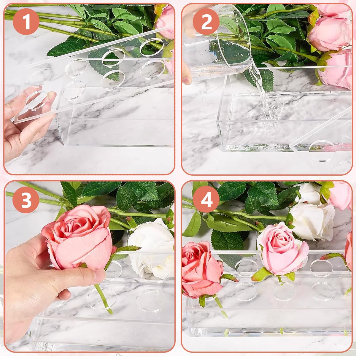 HASTHIP® Acrylic Flower Vase Rectangular, 11.8''/30cm Long Clear Floral Vase with Holes for Flowers, Clear Rectangle Box Tray for Roses Modern Flower Arranger for Wedding Home Dining Table Decor