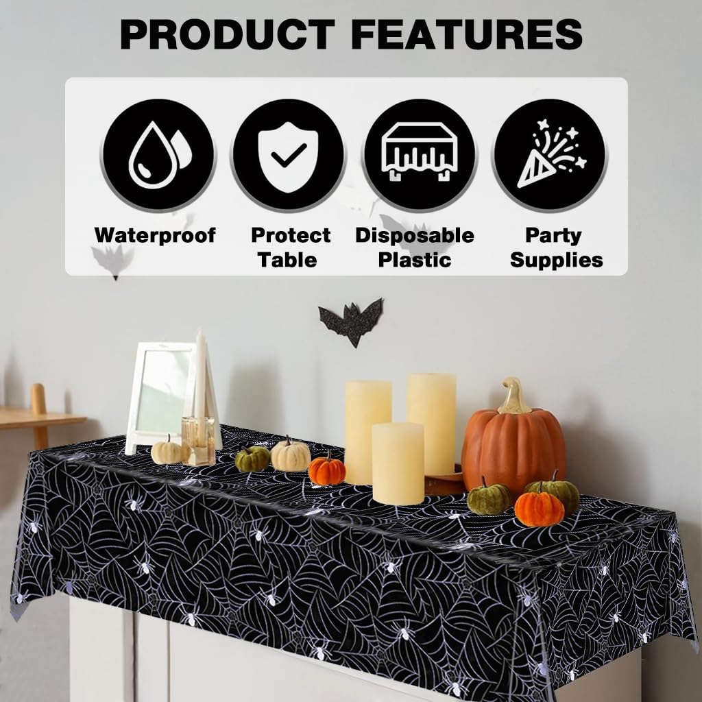 HASTHIP Halloween Tablecloth for Party Decor with Spider Web Design 137x274 cm | 2 Pack Black PE Cover