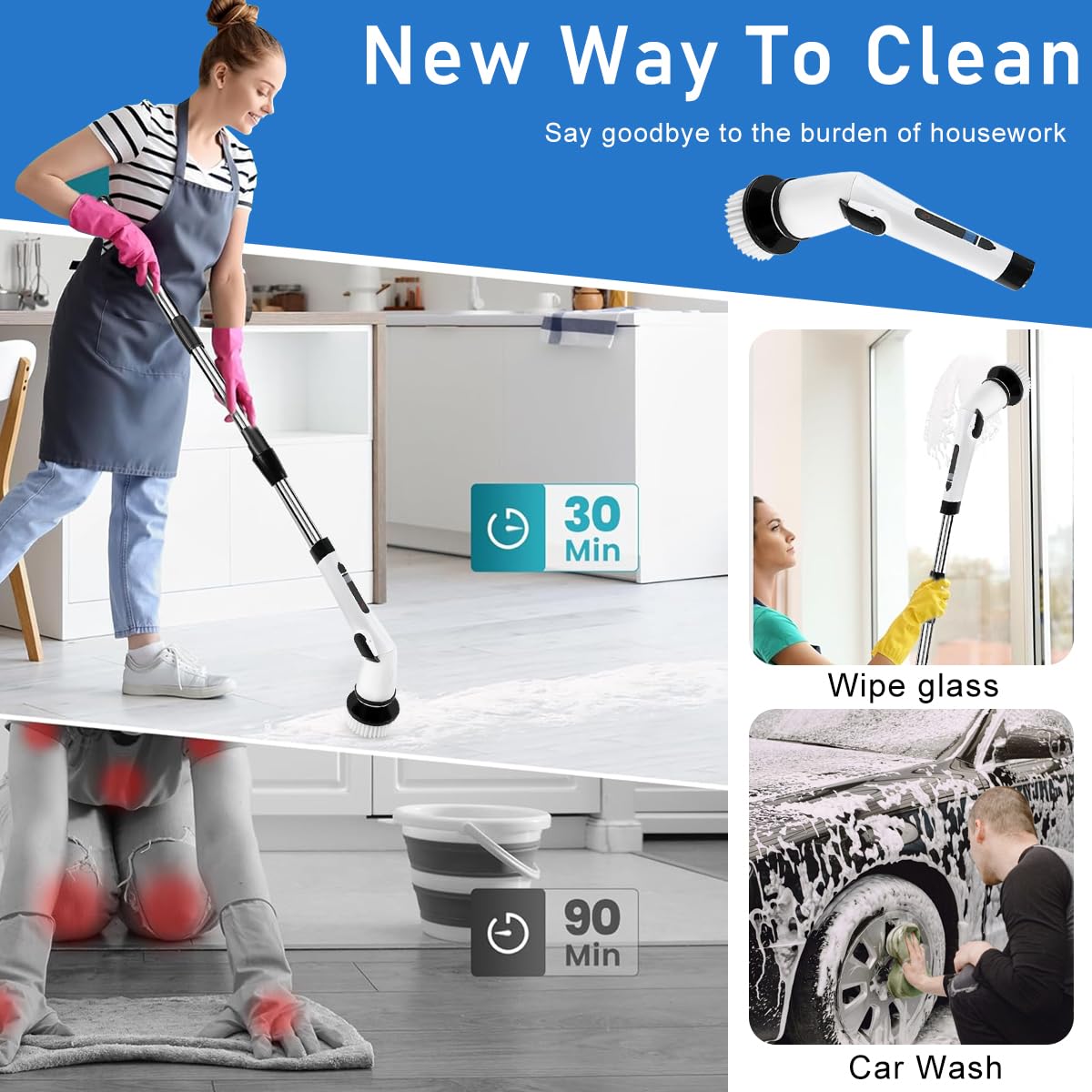 ZIBUYU Electric Cleaning Brush for Home with 2000mAh Battery and LCD Display | 7 Brush Heads