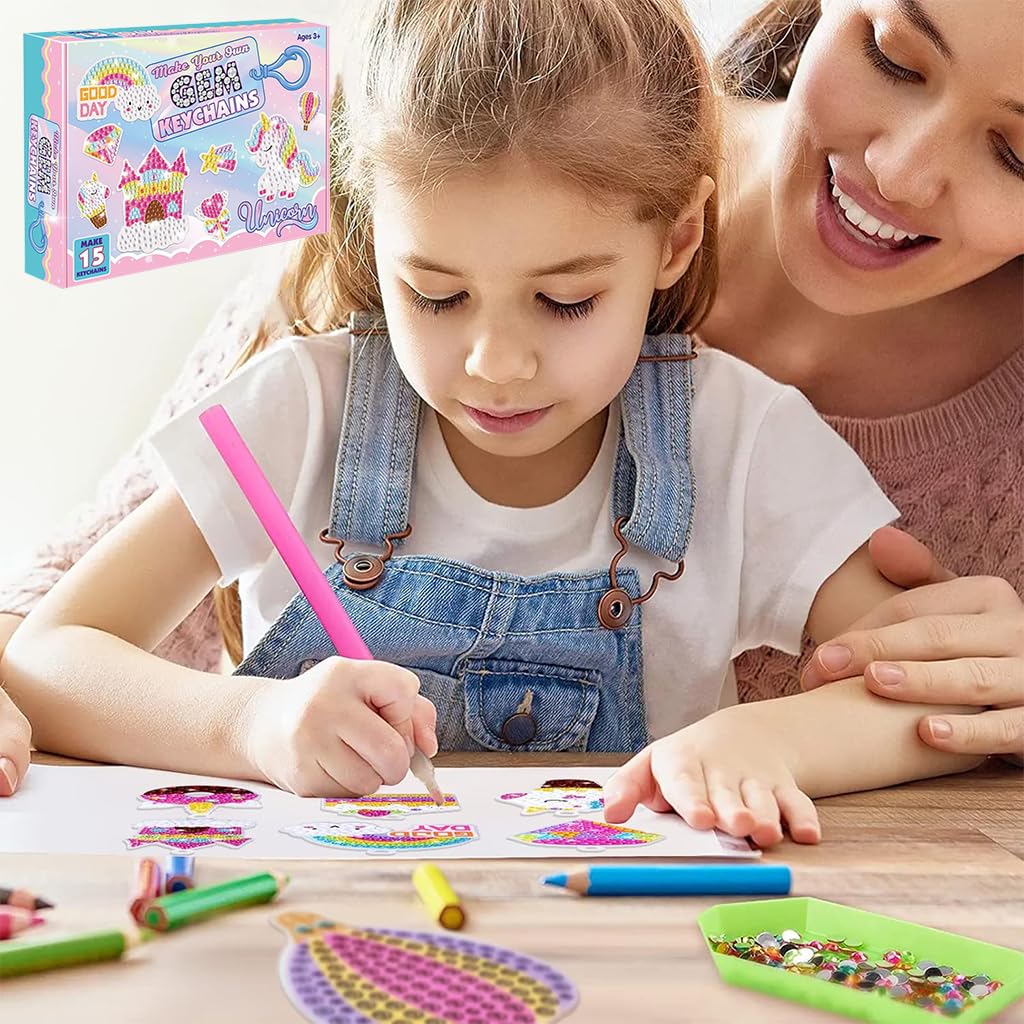 Zibuyu 5D Unicorn Diamond Painting Keychain Kit for DIY Crafts with 15 Pcs Gems | Fun Gift for Kids