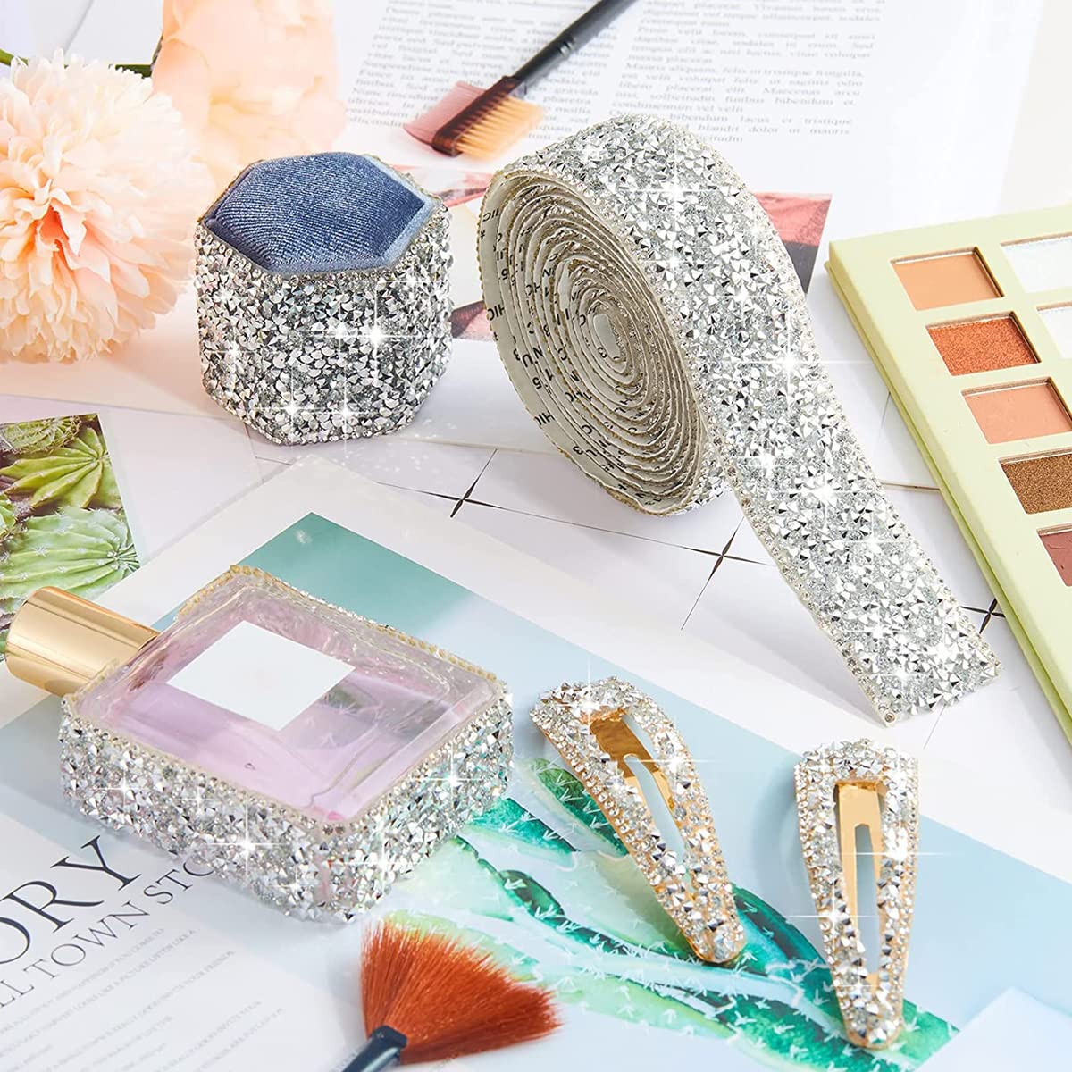 MAYCREATE Self Adhesive Rhinestone Strips for DIY Crafts with 4 Rolls 10mm Sparkling Resin | Silver Crystal Decoration