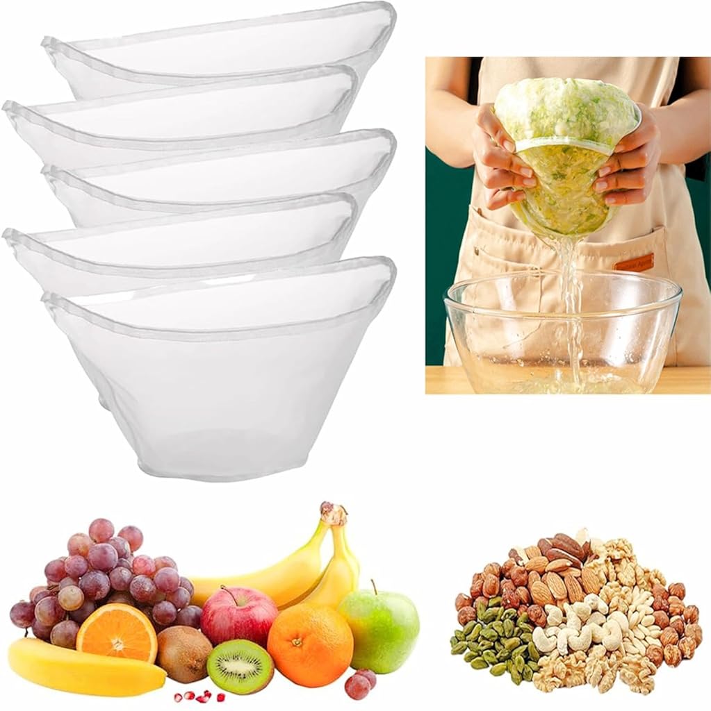 Supvox® 5PCS Bowl-Shaped Reusable Nylon Cheese Cloth Filter Bag, Suitable for nut Milk, Juice, Soy Milk, Dumpling fillings. (Medium)-Transparent