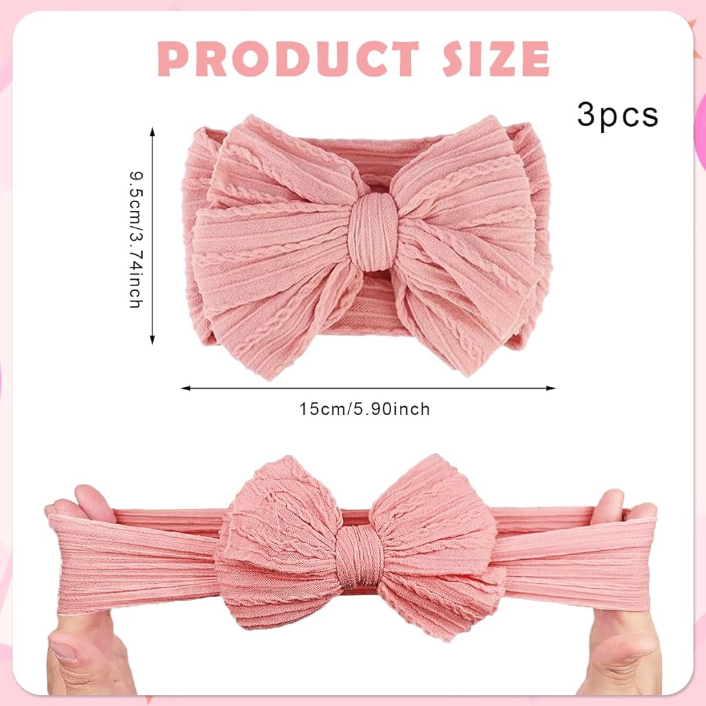 SNOWIE SOFT® 3Pcs Baby Headbands for Baby Girls 0-24 Months 3-Color Pink Girls Bow Headbands Infant Baby Stretchy Nylon Jacquard Headbands Shower Gift for Baby Girls