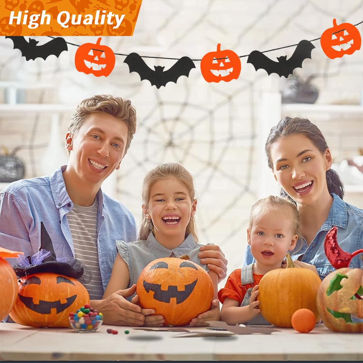 HASTHIP Halloween Decoration for Home and Party with 2PCS Felt Pumpkin & Bat Garlands | Reusable Wall and Window Hanging Decor
