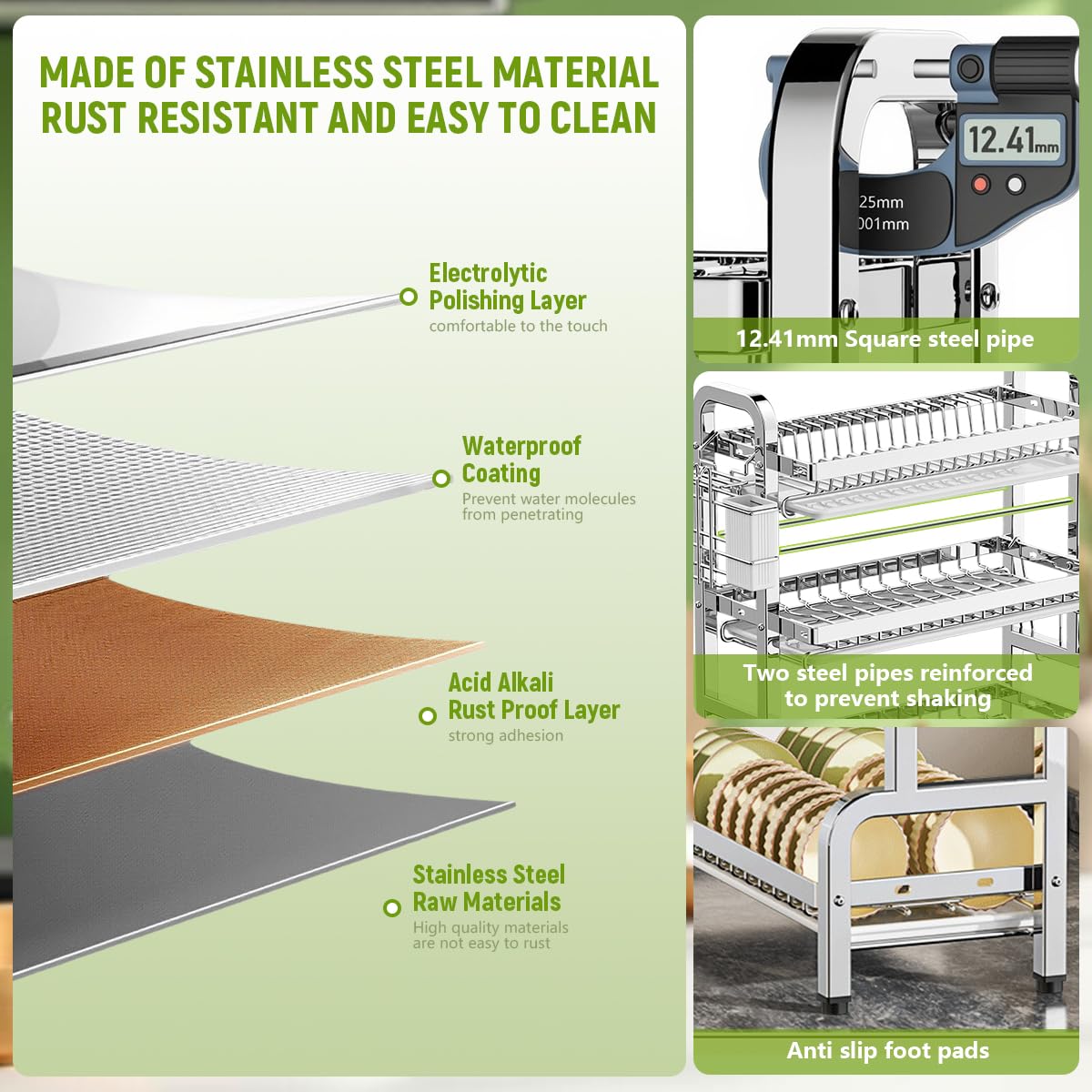 HASTHIP Dish Drying Rack for Kitchen Organization with 3 Layers 43x25x60cm Stainless Steel | Removable Water Catch Tray