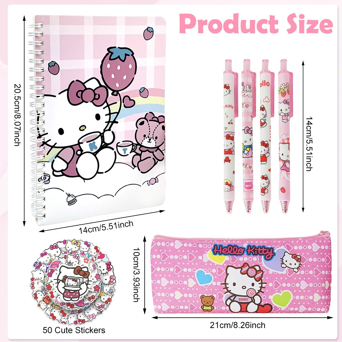 FANCYKU Kawaii Stationery Set for Students featuring Spiral Coil Journal and Pink Kitty Pens | Cute Gift with Stickers and Pencil Pouch