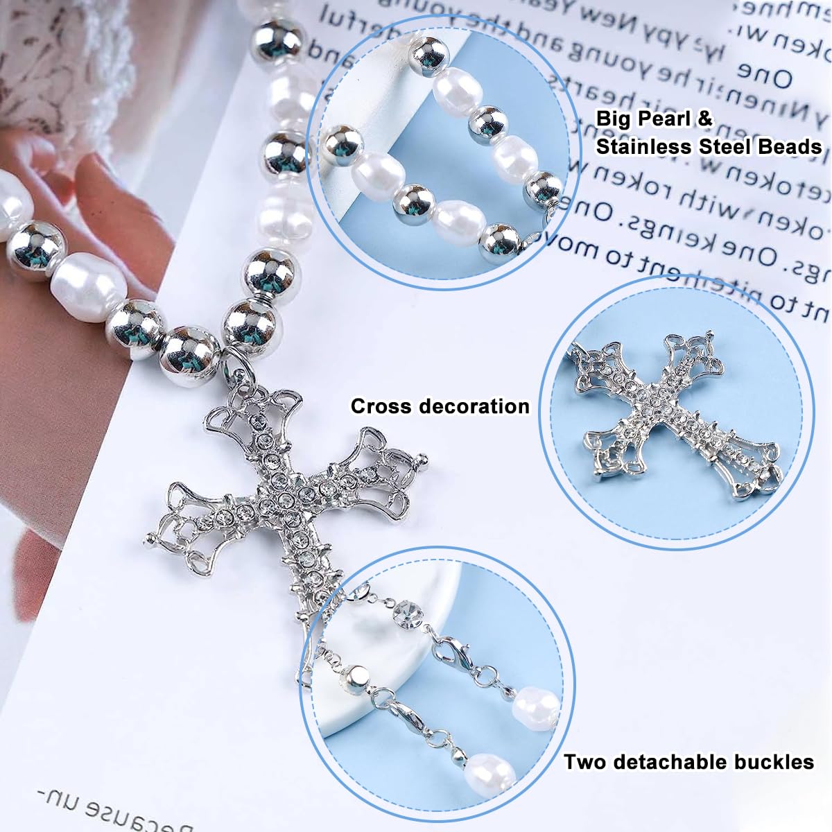 SANNIDHI Pearl Necklace for Women featuring 45cm Chain and Crystal Cross Pendant | Stainless Steel Beads Choker Gift