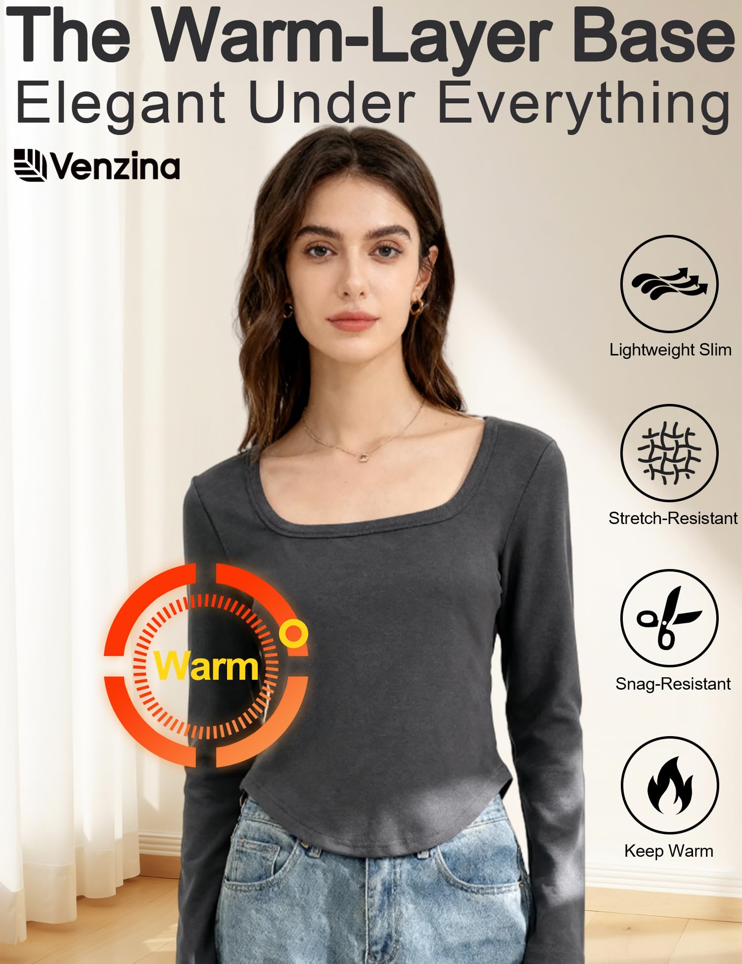 Venzina Women's Thermal Top for Fall and Winter featuring Double-Sided Fleece Warmth | Dark Gray Slim Fit Long Sleeve Base Layer