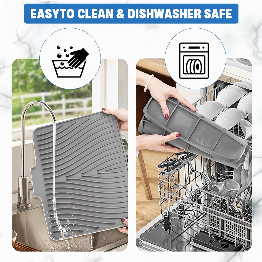 Supvox Dish Drying Mat for Kitchen featuring Built in Drain Lip 17.3 x 13 in Silicone Grey