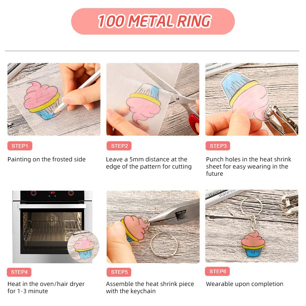 PATPAT Shrink Paper Sheet Kit for DIY Keychains with 20 Sheets and 100 Metal Hooks | Fun Craft Set for Kids and Adults