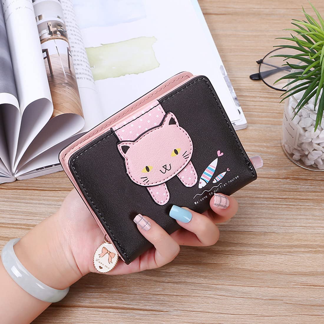 PALAY Small Wallets for Women Stylish Latest PU Leather Coins Zipper Pocket Handbags Purse for Girls with Rabbit-Shaped Metal Tassels Pendant Purse (Black)