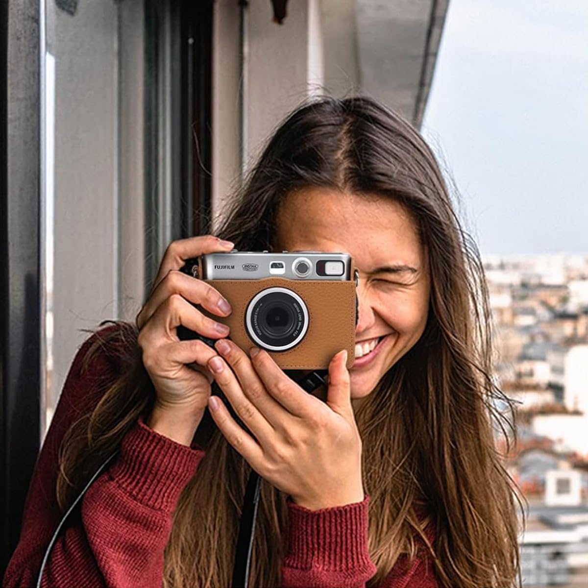 ZORBES PU Case for Fujifilm Mini EVO Camera featuring Precise Fit and Removable Shoulder Belt | Vintage Brown Protective Set of 2