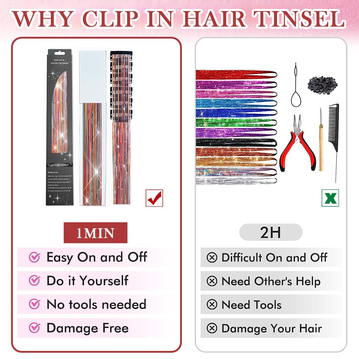 ZIBUYU Hair Tinsel Extensions for Party Styling with 6pcs 23.6 in Clip-on Rainbow Strands | Fairy Hair Accessory