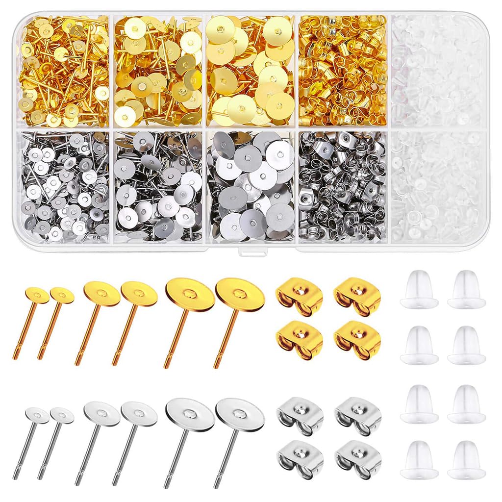 MAYCREATE® 2000 Pieces DIY Earring Posts and Backs Golden and Silver Earring Posts and Backs Kit with 3 Sizes Stainless Steel Round Ear Stud Backs, Rubber Ear Stud Stoppers, Butterfly Earring Backs