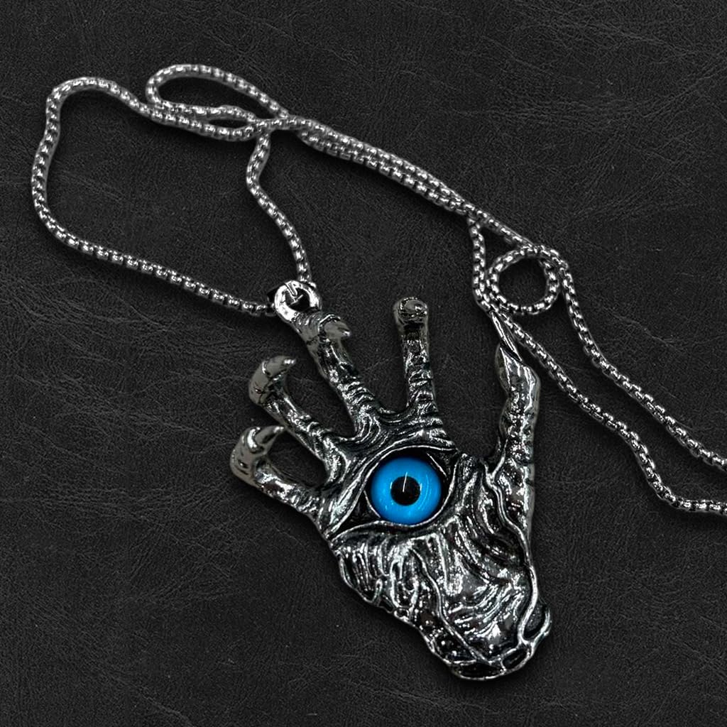 Proberos Necklace for Men featuring Devil's Hand Blue Eye Pendant and Gothic Punk Style | Alloy Chain